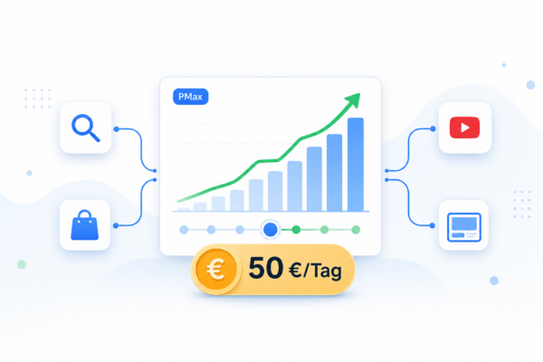 Performance-Max-Dashboard mit steigender Kurve, Kanal-Icons und Budget-Chip 50 Euro pro Tag