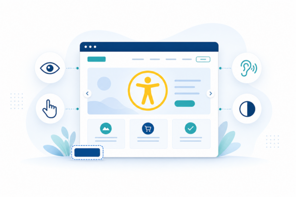 Barrierefreie Website mit Accessibility-Symbol sowie Icons für Sehen, Hören, Bedienung und Kontrast