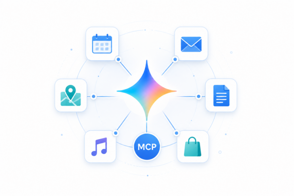 Gemini Spark als zentraler KI-Hub, der über den MCP-Standard mit verschiedenen Drittanbieter-Diensten verbunden ist